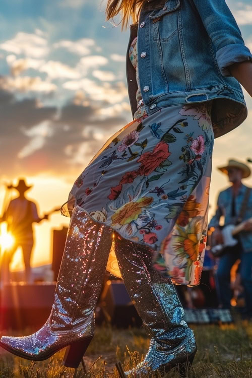 a woman wears silver cowboy boots, a floral dress and a denim jacket