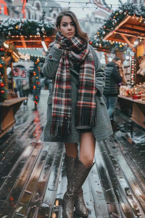 a woman wears silver cowboy boots, a plaid scarf and an oversized jacket