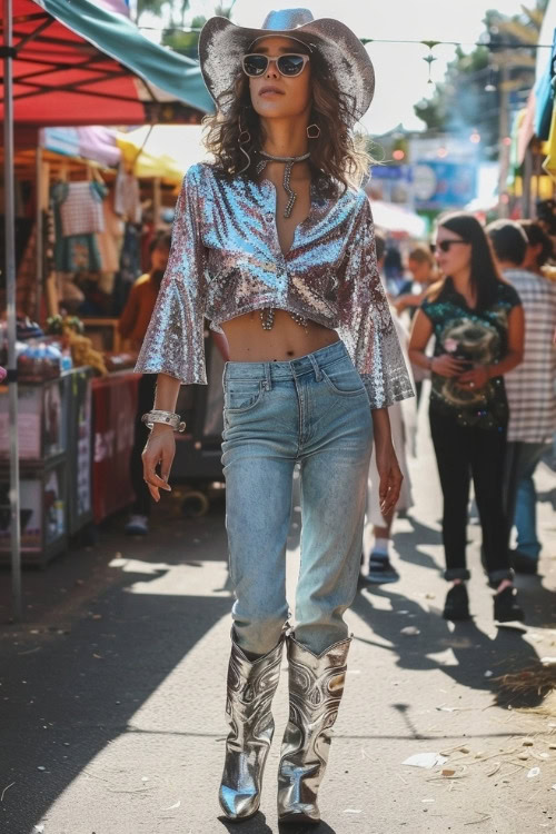 a woman wears silver cowboy boots, a silver blouse, hat and jeans