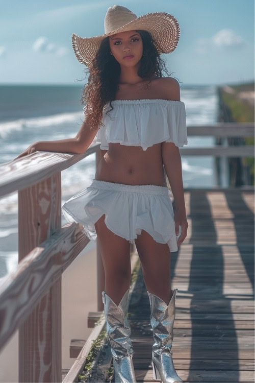 a woman wears silver cowboy boots, a white ruffled off-the-shoulder crop top and ruffled shorts