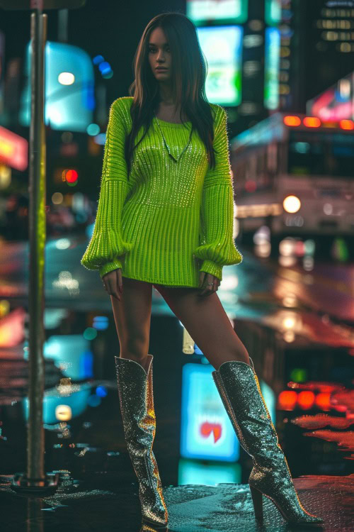 a woman wears silver cowboy boots and a neon sweater dress