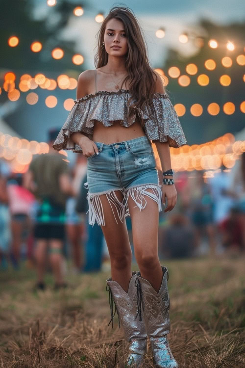 a woman wears silver cowboy boots and fray hem shorts with crop top