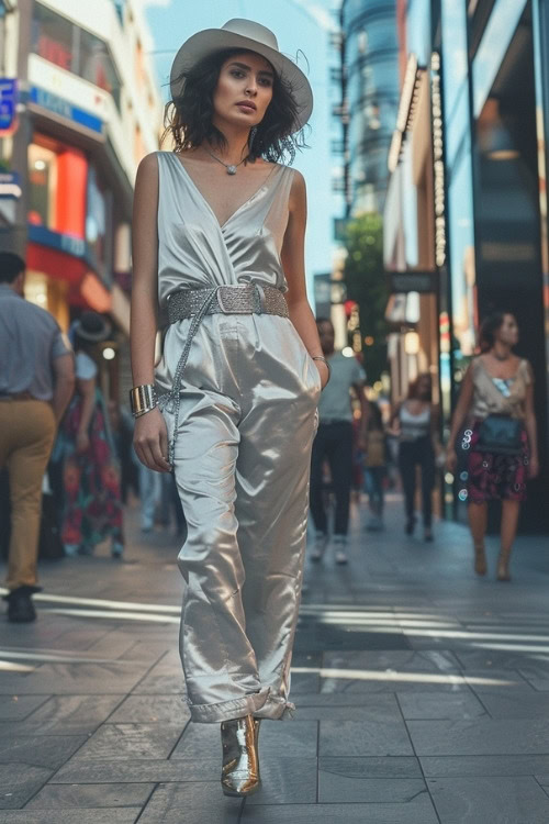 a woman wears silver cowboy boots and silver jumpsuit with a hat