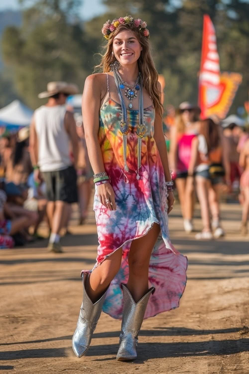 a woman wears silver cowboy boots and two strap long dress