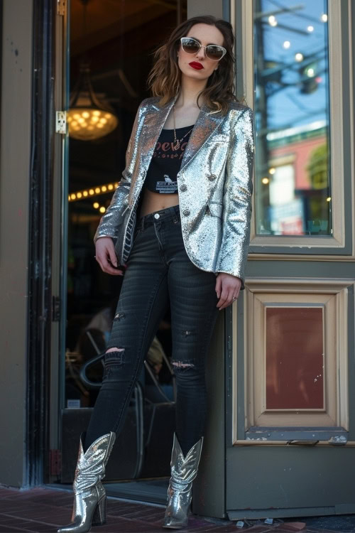 a woman wears silver cowboy boots, black crop top and black jeans with silver jacket