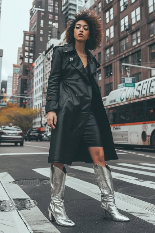 a woman wears silver cowboy boots, black dress and black leather jacket