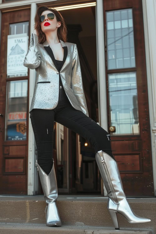 a woman wears silver cowboy boots, black jeans and a silver blazer