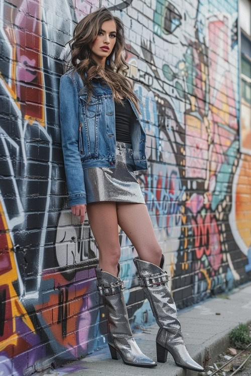 a woman wears silver cowboy boots, black top, silver skirt and jean jacket