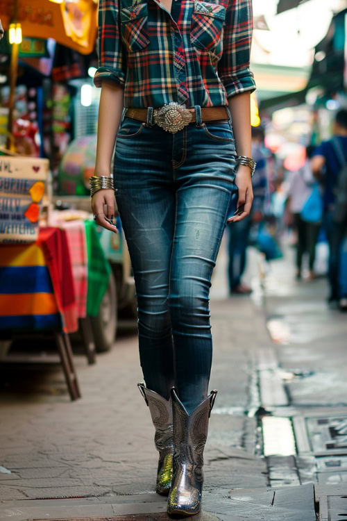 a woman wears silver cowboy boots, jeans and a plaid shirt