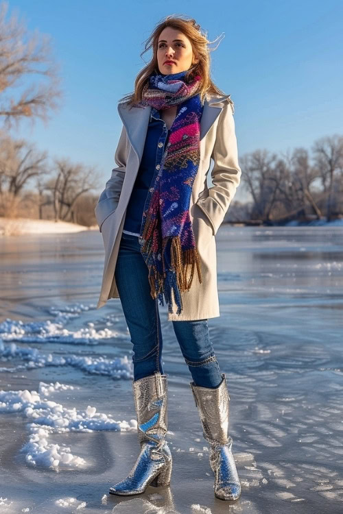 a woman wears silver cowboy boots, jeans, denim shirt and long coat