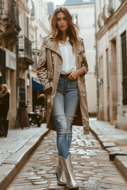 a woman wears silver cowboy boots, ripped jeans, a white shirt and a trench coat
