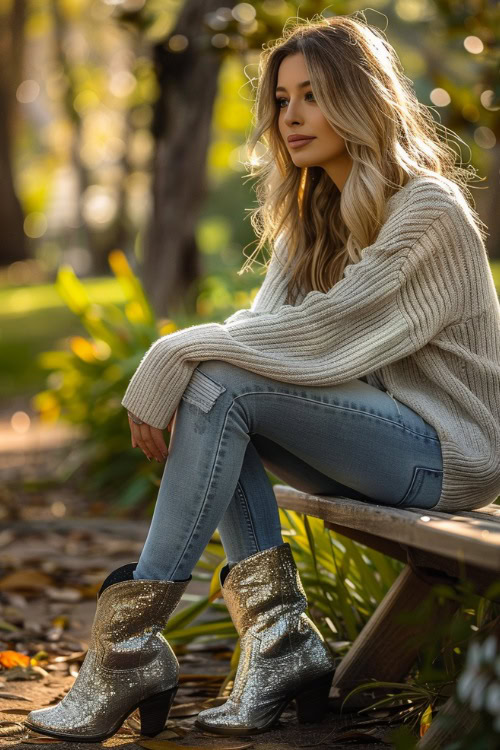 a woman wears silver cowboy boots, ripped jeans and a warm sweater