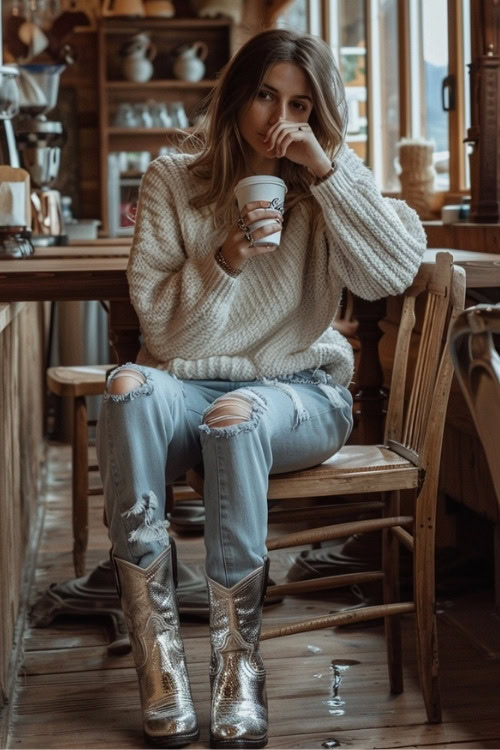 a woman wears silver cowboy boots, ripped jeans and sweater (2)