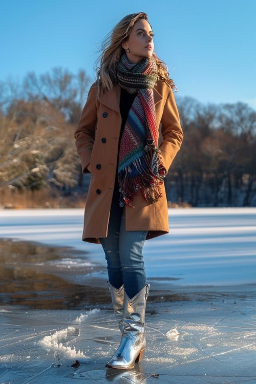 a woman wears silver cowboy boots, scarf, jeans and trench coat