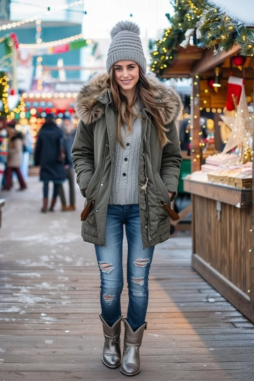 a woman wears silver cowboy boots with a grey sweater, jeans and beanie