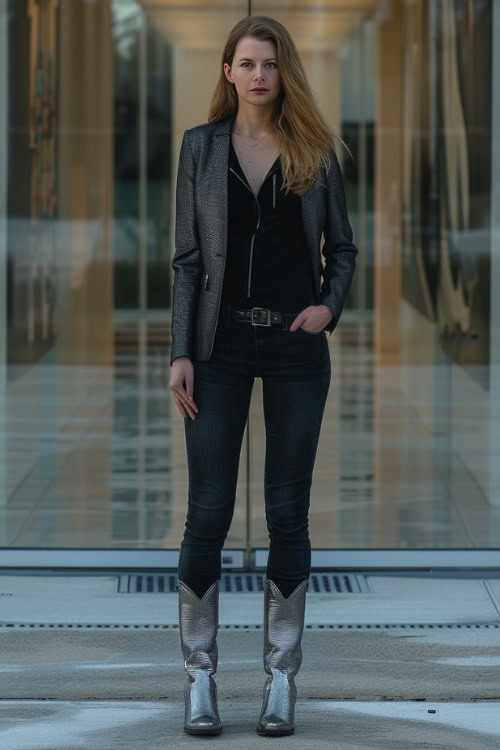 a woman wears silver cowboy boots with black jeans, a black top and black blazer