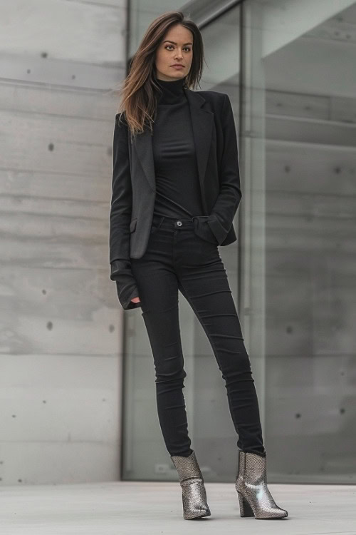 a woman wears silver cowboy boots with black jeans and black coat