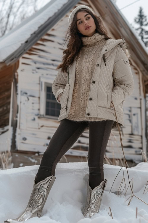 a woman wears silver cowboy boots with black jeans, sweater and down jacket