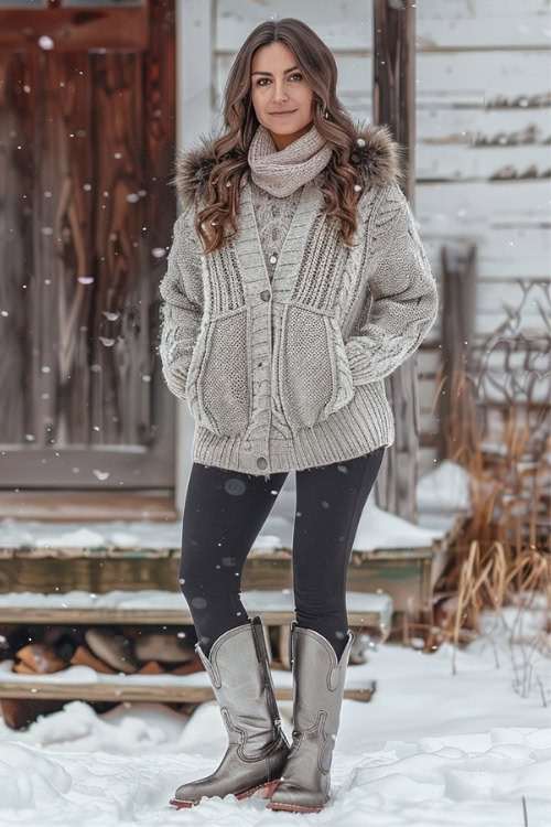 a woman wears silver cowboy boots with black jeans, sweater and warm jacket