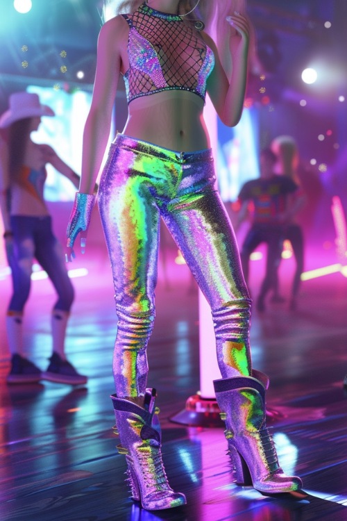 a woman wears silver cowboy boots with glossy pants and a mesh top
