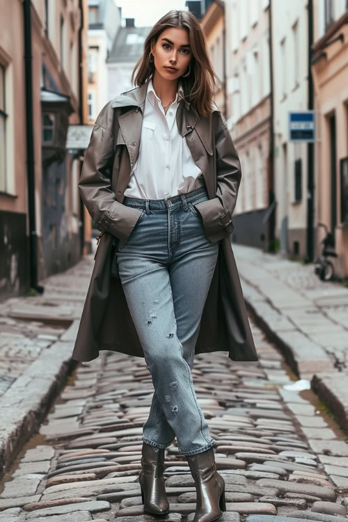 a woman wears silver cowboy boots with jeans and long coat