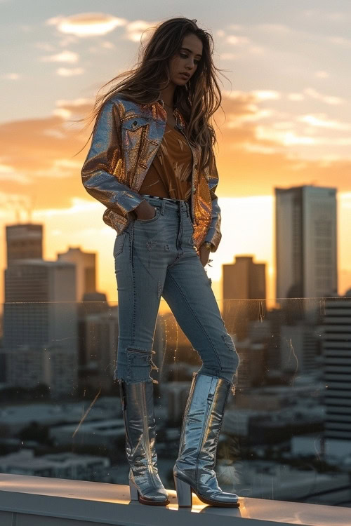 a woman wears silver cowboy boots with jeans and silver jacket