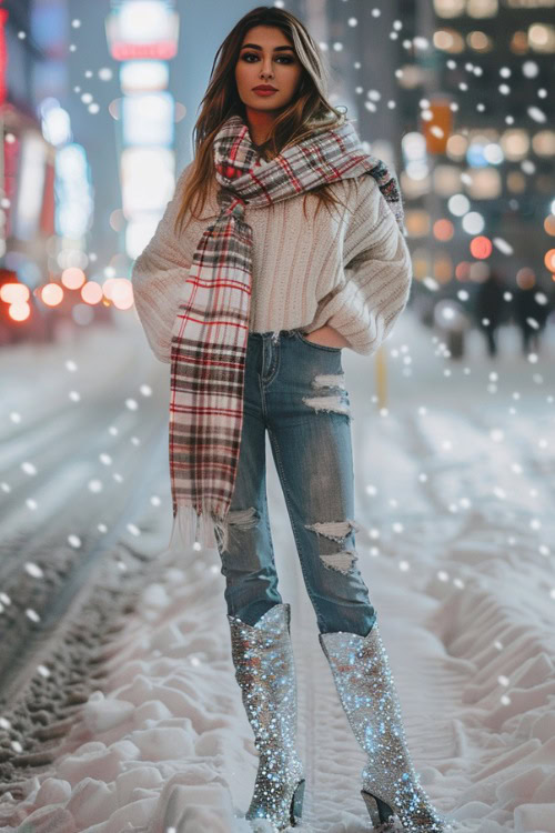 a woman wears silver cowboy boots with ripped jeans, a sweater and a plaid scarf