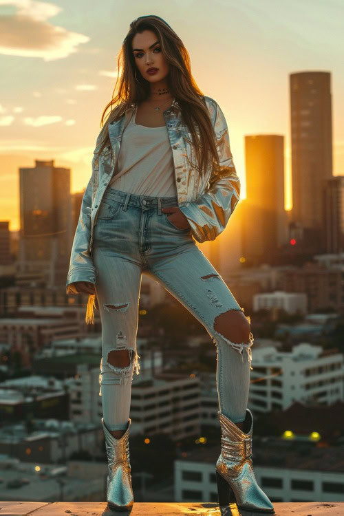 a woman wears silver cowboy boots with ripped jeans, a white top and a silver jacket