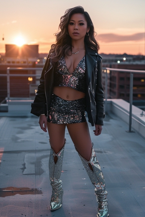 a woman wears silver crop top, skirt, leather jacket and silver cowboy boots