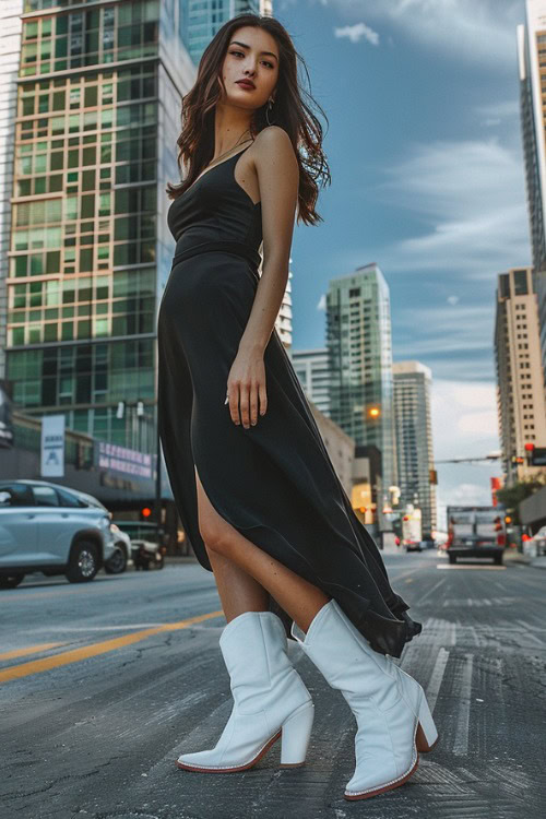 a woman wears slit black maxi dress with white cowboy boots