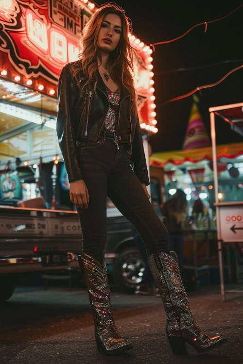 a woman wears sparkly black cowboy boots, a leather jacket, a sparkly top and jeans