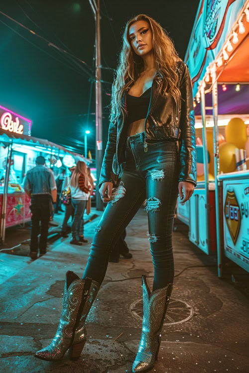 a woman wears sparkly black cowboy boots, ripped jeans, a black top and a leather jacket