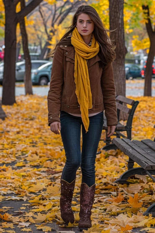 a woman wears sparkly brown cowboy boots with jeans, a brown jacket and mustard scarf