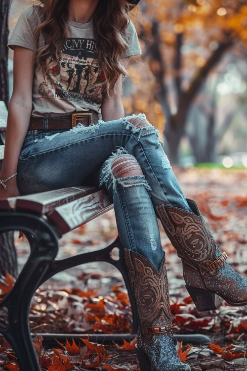 a woman wears sparkly brown cowboy boots with ripped jeans and a T shirt