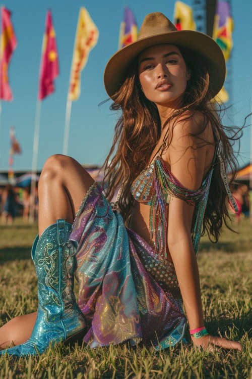 a woman wears sparkly cowboy boot, a boho top and a skirt