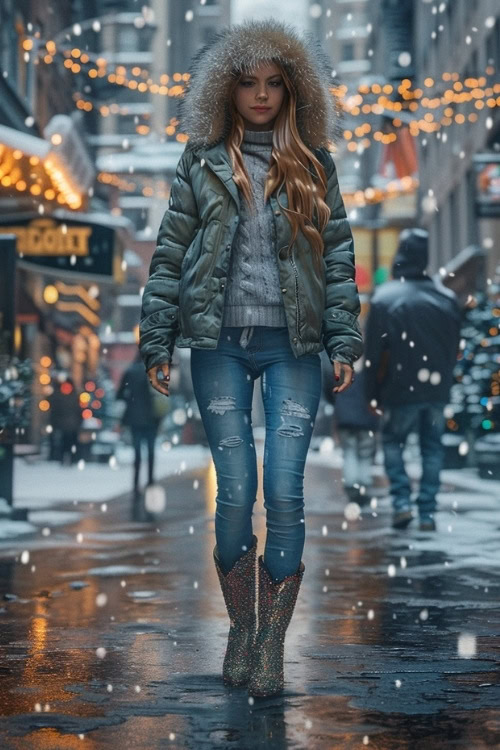 a woman wears sparkly cowboy boot, a grey sweater, jeans and a parka