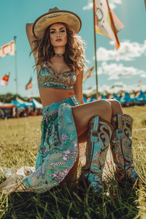 a woman wears sparkly cowboy boots, a bikini top and a skirt