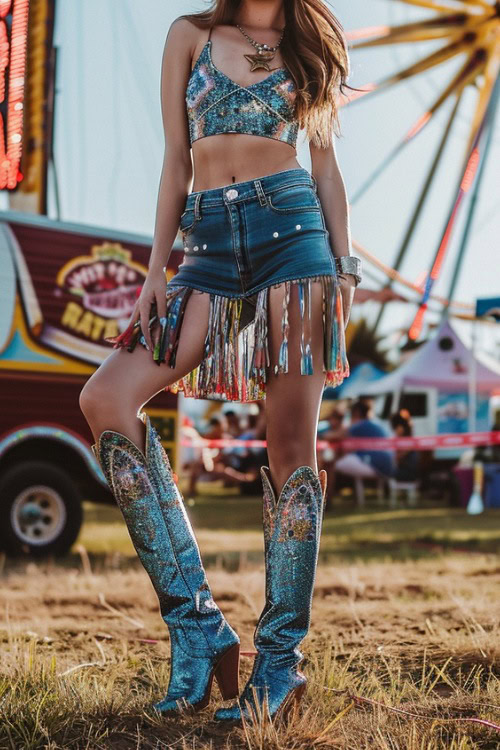 a woman wears sparkly cowboy boots, a bikini top with a jean skirt