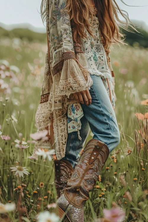 a woman wears sparkly cowboy boots, a boho top and jeans