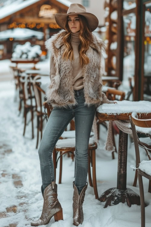 a woman wears sparkly cowboy boots, a fluffy vest, a turtleneck and jeans