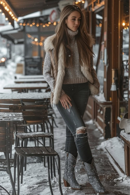 a woman wears sparkly cowboy boots, a fluffy vest, a turtleneck and ripped jeans