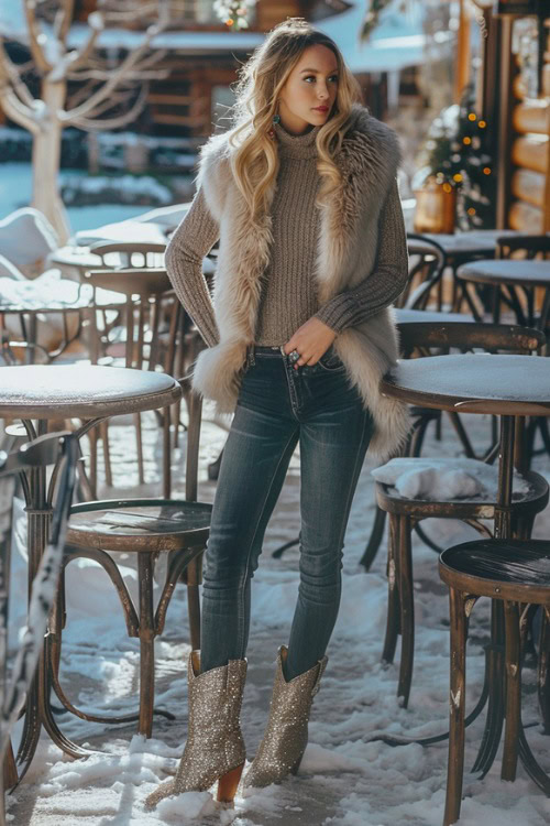 a woman wears sparkly cowboy boots, a grey sweater, jeans with a fur vest