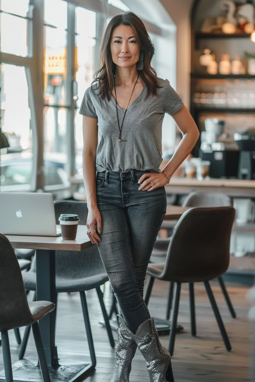 a woman wears sparkly cowboy boots, a grey tee and jeans