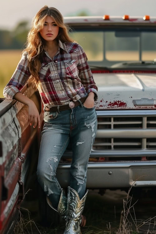 a woman wears sparkly cowboy boots, a plaid shirt and jeans