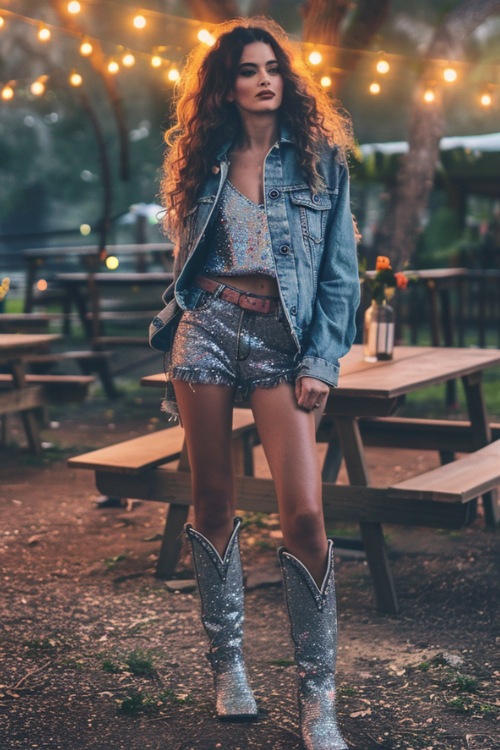 a woman wears sparkly cowboy boots, a sparkly top, shorts and a denim jacket
