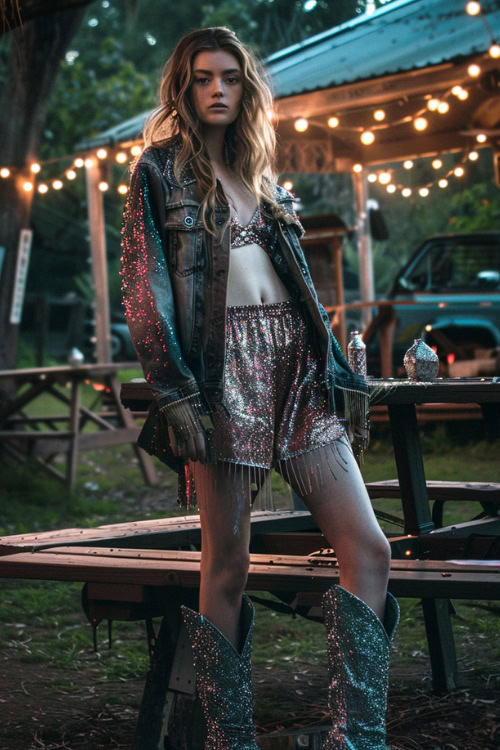 a woman wears sparkly cowboy boots, a sparkly top, sparkly shorts and a denim jacket