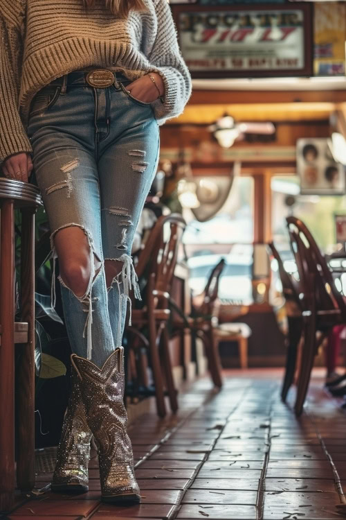 a woman wears sparkly cowboy boots, a sweater and jeans