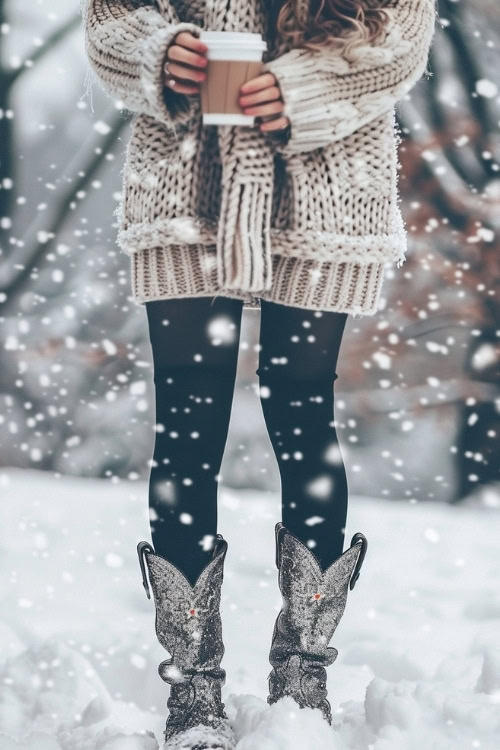 a woman wears sparkly cowboy boots, a sweater and leggings