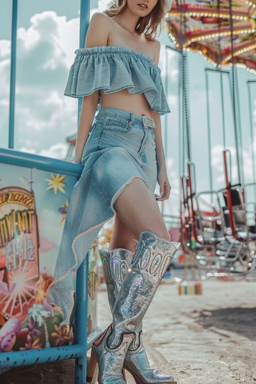 a woman wears sparkly cowboy boots, an off the shoulder top and a skirt