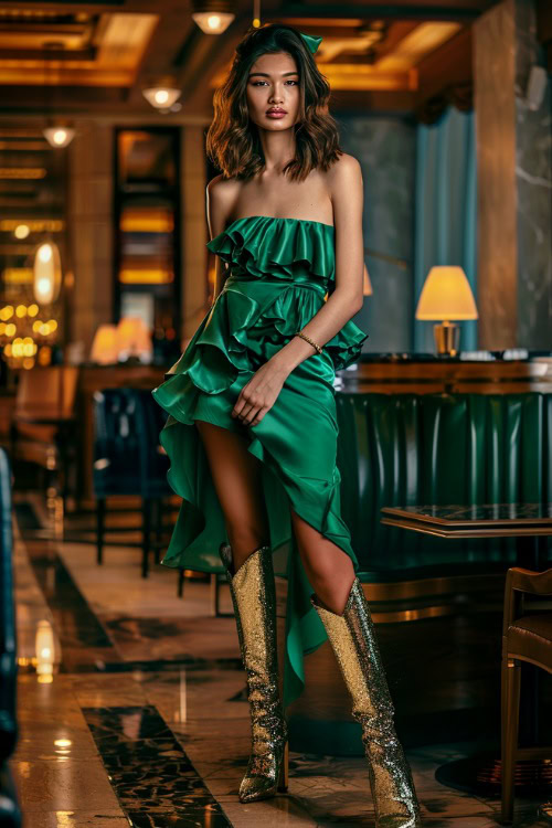 a woman wears sparkly cowboy boots and a high low green ruffle dress